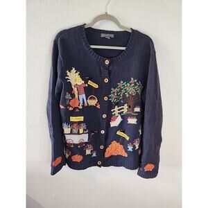 Vtg Northern Isles Cardigan Sweater Embroidered Fall Pumpkin Fruit Womens XL